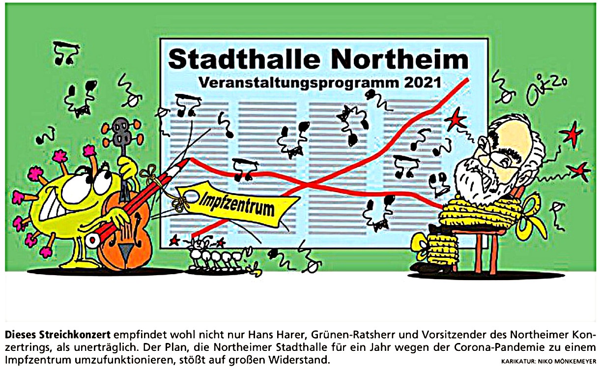 Dieses Streichkonzert empfindet wohl nicht nur Hans Harer, Grünen-Ratsherr und Vorsitzender des Northeimer Konzertrings, als unerträglich. Der Plan, die Northeimer Stadthalle für ein Jahr wegen der Corona-Pandemie zu einem Impfzentrum umzufunktionieren, stößt auf großen Widerstand.